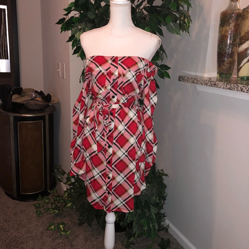 PLAID OFF SHOULDER TUNIC DRESS - Picture 5 of 5